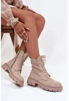 Botki Workery Damskie Z Kryształkami Na Języku Jasnobeżowe Rosira