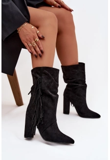 Botki Damskie Na Słupku Z Frędzlami I Marszczeniem Ocieplane Czarne Darlina