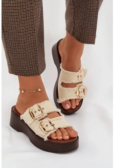 Klapki Damskie Na Platformie Ze Złotymi Klamrami Jasnobeżowe Renelisse