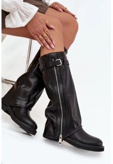 Kozaki Damskie Z Wywiniętą Cholewką Klamrą I Srebrnym Zamkiem Ocieplane Czarne Bressa