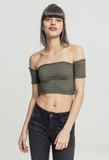 Ladies Cropped Cold Shoulder Smoke Top olive