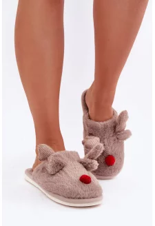 Futrzane Kapcie Damskie Z Motywem Renifera Ciemnobeżowe Sennalith