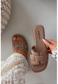 Klapki Damskie Na Płaskim Obcasie Ciemnobeżowe Lorania