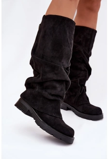 Kozaki Damskie Ocieplane Wsuwane Z Marszczoną Cholewką Czarne Ilvessa