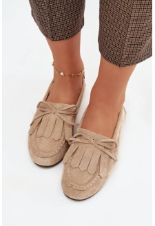 Mokasyny Damskie Z Wiązaniem I Frędzlami Beżowe Glorina