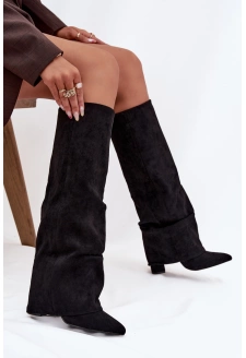 Ocieplane Kozaki Damskie Z Wywiniętą Cholewką Na Słupku Eko Zamszowe Czarne Elivira