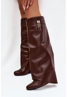 Kozaki Damskie Na Koturnie Z Paskiem I Srebrnym Detalem Eko Skórzane Brązowe Korivelle