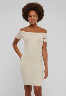 Ladies Off Shoulder Rib Dress whitesand