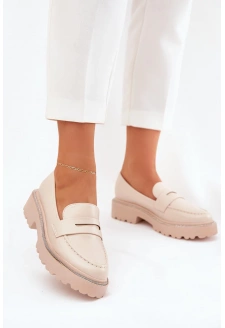 Mokasyny Damskie Eko Skórzane Z Cyrkoniami Beżowe Wilamla