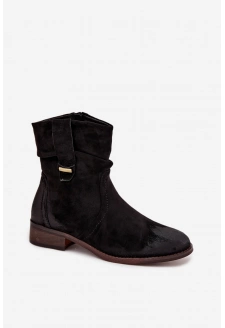 Botki Damskie Na Niskim Obcasie Z Marszczeniem Ocieplane Czarne Gracia