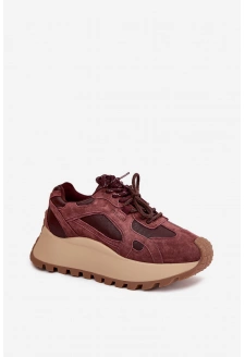 Skórzane Sneakersy Na Platformie Damskie Big Star SS274625 HI-POLY SYSTEM Bordowe