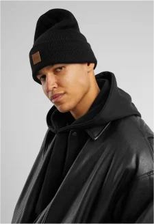 Synthetic Leatherpatch Long Beanie black