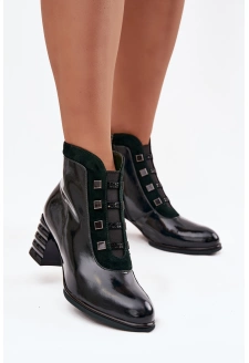 Lakierowane Botki Damskie Z Naturalnej Skóry Na Słupku D&ACR52-696 Ciemnozielone