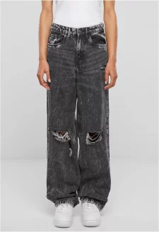 Ladies Distressed 90's Wide Leg Denim Pants black charcoal washed