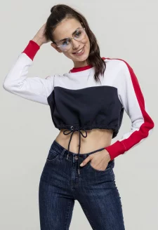 Ladies Cropped 3-Tone Stripe Crew navy/white/fire red
