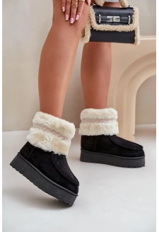 Śniegowce Damskie Na Platformie Z Futerkiem I Wzorem Czarne Deepanti