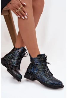 Lakierowane Botki Damskie Z Naturalnej Skóry D&A LZ52-962 Granatowe