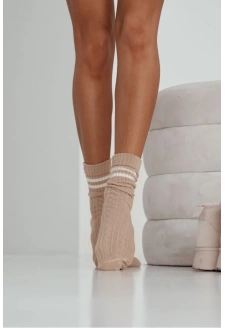 Skarpetki Damskie Warkocz Z Paskami Beżowe