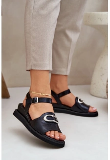 Lakierowane Sandały Damskie Na Koturnie Z Ozdobą Czarne Salianes