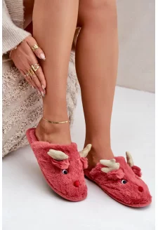 Kapcie Świąteczne Z Motywem Renifera Futrzane Koralowe Asielle