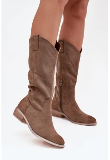 Kozaki Kowbojki Na Niskim Obcasie Z Eko Zamszu Ciemnobeżowe Cherrie