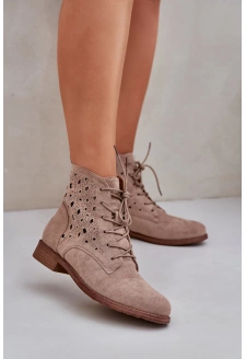 Sznurowane Botki Z Ażurowym Wzorem S.Barski HY51-136 Beżowe