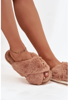 Futrzane Kapcie Damskie Z Przeplatającymi Się Paskami Camel Quenelle