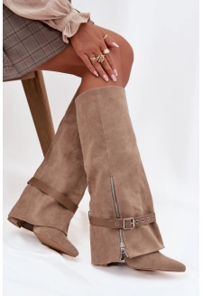 Kozaki Damskie Wsuwane Na Słupku Z Ozdobnym Paskiem Beżowe Jolivine