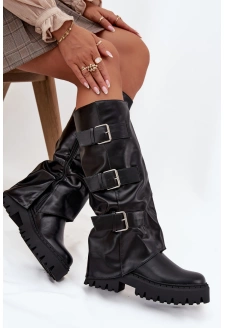 Ocieplane Kozaki Damskie Ze Srebrnymi Klamrami Czarne Isavine