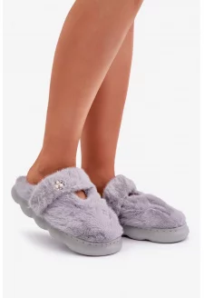 Futrzane Kapcie Z Małą Broszką Szare Primaria