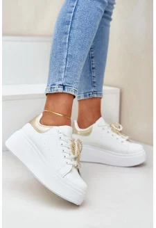 Sneakersy Damskie Na Platformie Z Ozdobami Biało-Złote Lerissna
