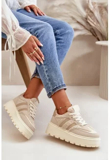Ocieplane Sneakersy Damskie Na Platformie Z Kożuchem Beżowe Daivlene