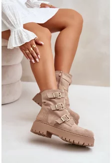 Ocieplane Botki Damskie Z Klamrami Beżowe Tiaeliana