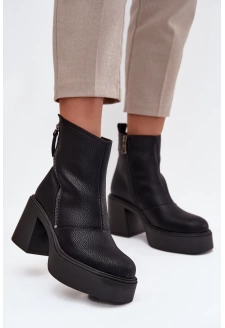 Skórzane Ocieplane Botki Damskie Na Słupku I Platformie Vinceza 66831 Czarne