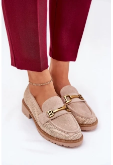 Mokasyny Damskie Z Plecionką I Złotym Detalem Beżowe Seffolia