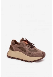 Skórzane Sneakersy Na Platformie Damskie Big Star SS274627 HI-POLY SYSTEM Beżowe