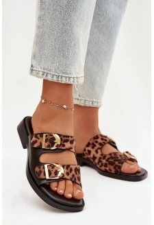 Klapki Damskie Ze Złotymi Klamrami Panterka Czarno-Brązowe Danelle