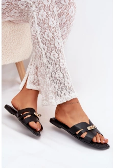 Płaskie Klapki Damskie Z Paseczkiem I Złotym Detalem Czarne Kerenza