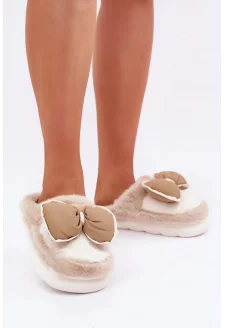 Futrzane Kapcie Z Kokardką Beżowe Grilis