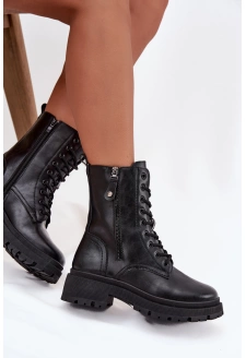 Botki Workery Damskie Ocieplane Z Podwójnym Zamkiem Czarne Perlina