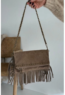 Zamszowa Torebka Z Frędzlami Na Łańcuszku Ciemnobeżowa Narella
