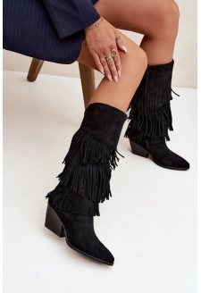 Ocieplane Kozaki Kowbojki Damskie Z Frędzlami Czarne Brivina