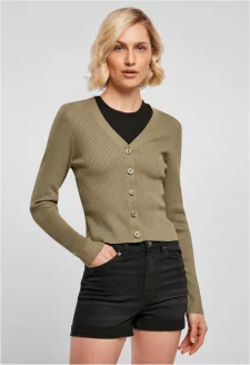 Ladies Short Rib Knit Cardigan khaki