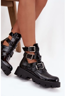 Lakierowane Botki Damskie Z Paskami I Srebrnymi Klamrami Czarne Helisse